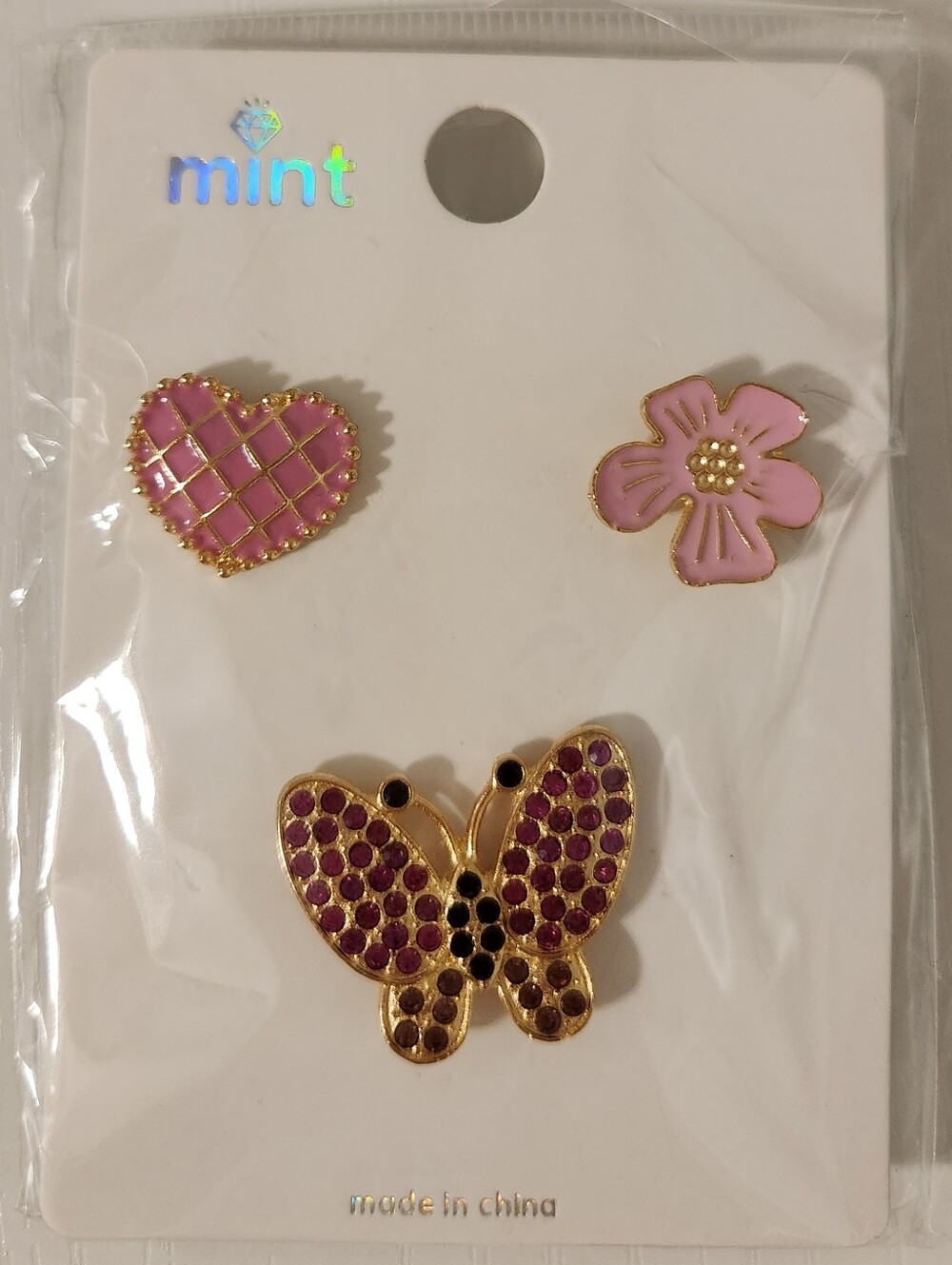 Mint Pink Heart, Flower & Butterfly Pin Set